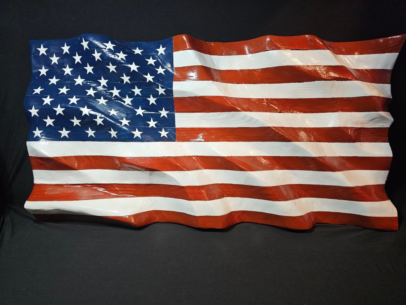 Hand-Carved Waving Wooden American Flag